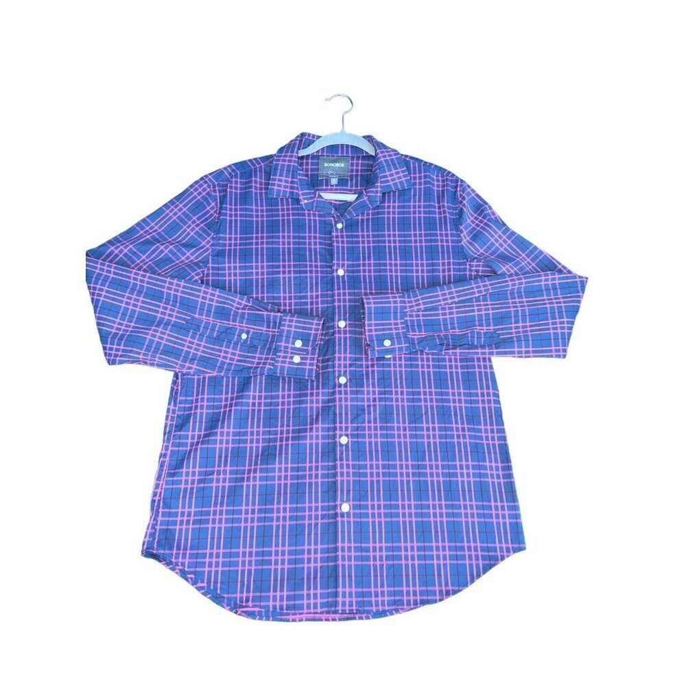 BONOBOS Pink Blue Plaid Standard Fit Long Sleeve Button Up Dress Shirt M Long